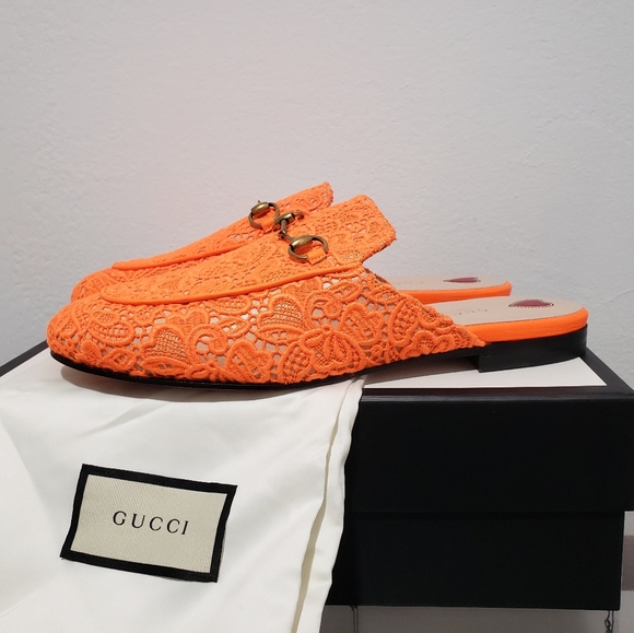Orange Gucci Princetown Lace Mule Shoes 39.5 - Picture 10 of 14